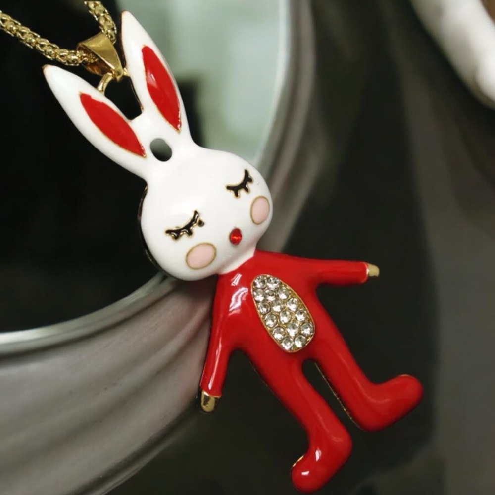 Bunny Rabbit Red, White, & Gold Enamel & Crystal Necklace Easter - Picture 2 of 5
